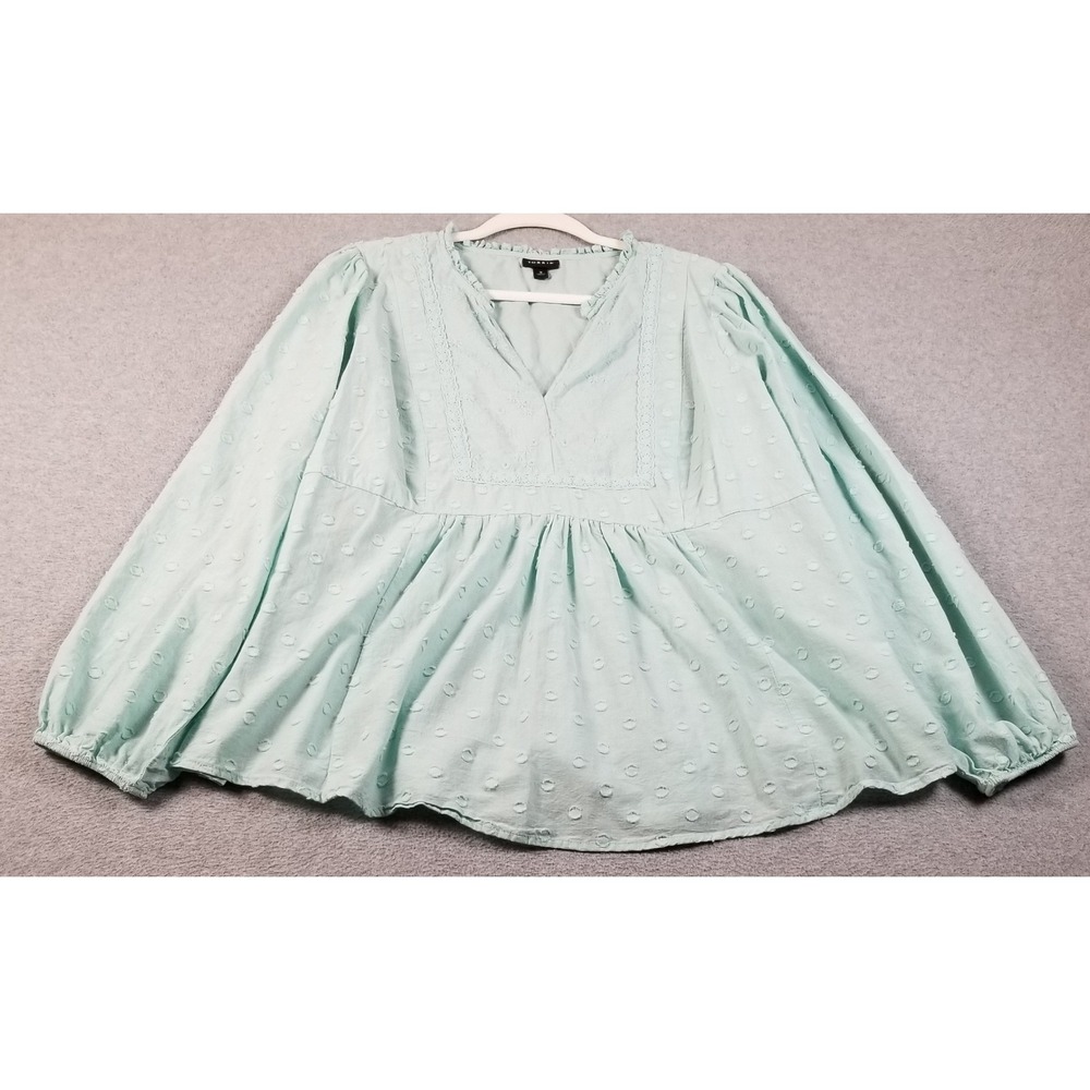 Torrid Blouse Women's 3 3X Plus Mint Green Dots Lace Trim Peplum Top See Through
